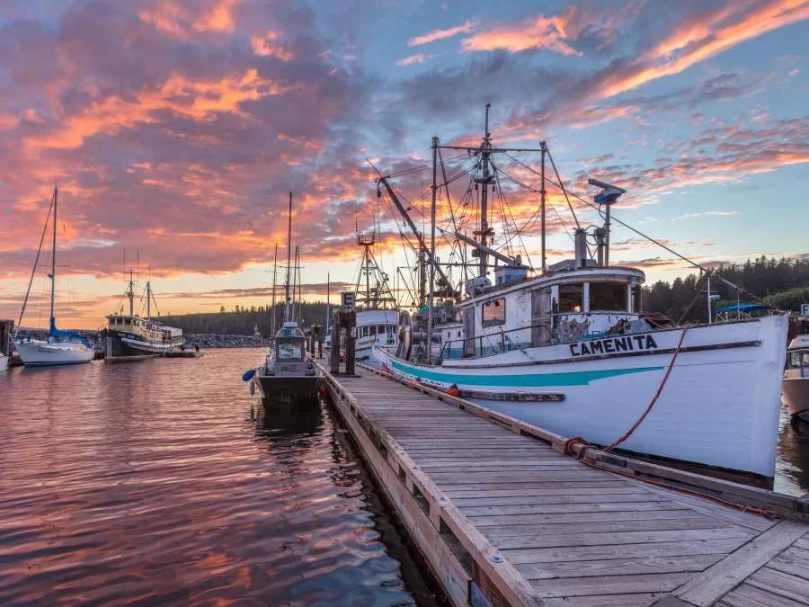 Fishing boats at sunset in Alert Bay, a village on Cormorant Island, British Columbia.