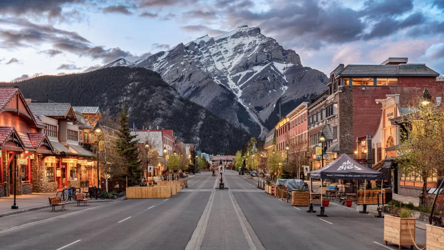 The spectacular Cascade Mountain, in Banff National Park, towers over the main street in Banff, British Columbia.