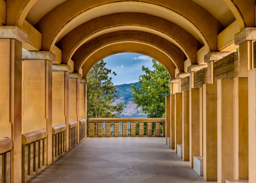 The Loggia, which is Latin for outdoor room, provides shade for visitors of the Mission Hill Winery on hot summer days and is a prime location to enjoy breathtaking views of Okanagan Lake below.