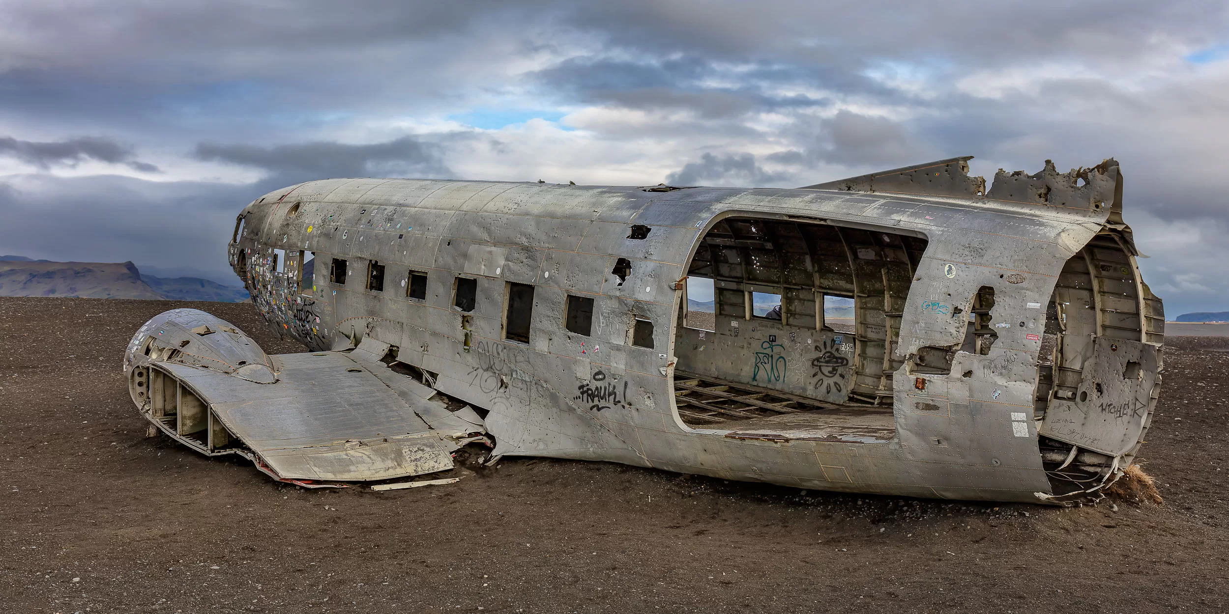 A hollowed out aircraft in Iceland.